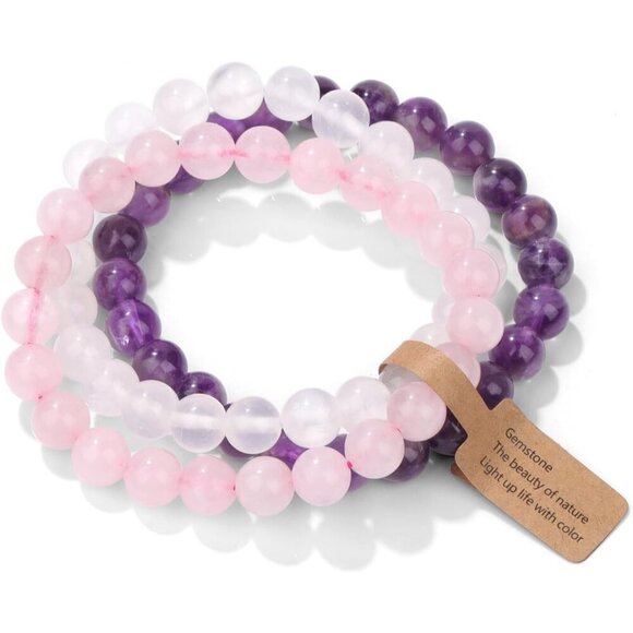3PCS Rose Quartz Healing Crystal Natural Stone Beaded Stretch Bracelet for Women - Picture 1 of 6
